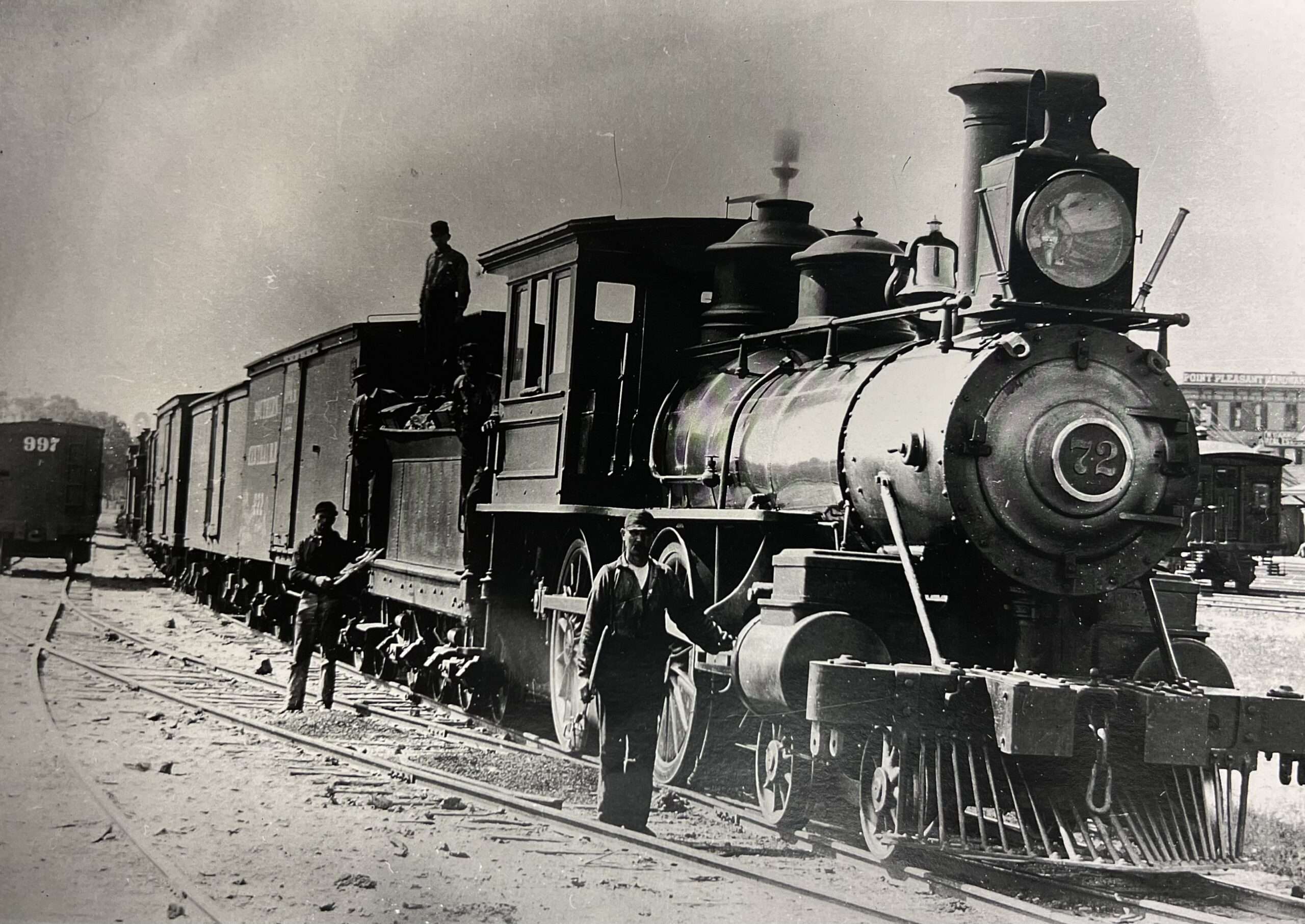 Steam Locomotive No. 72 and Point Pleasant Hardware in the background circa 1885-1890